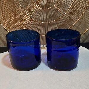 Vintage Cobalt Blue Hand Blown Set Of Two Glasses/Votive